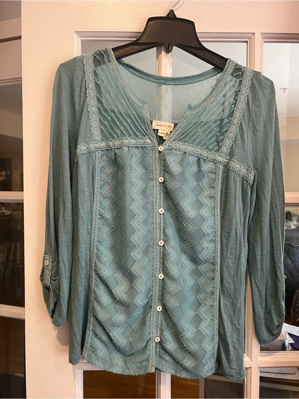 Meadow Rue Seafoam Button-Front Lace & Pintuck Blouse